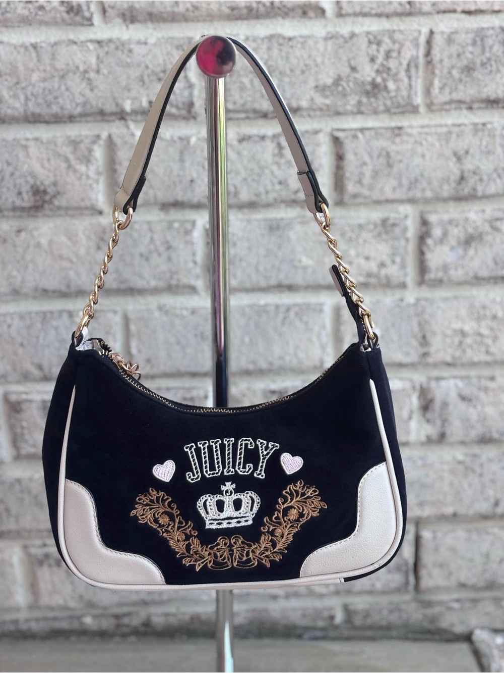 Juicy Couture Y2K Velour Mini Shoulder Bag Black White Crown Embroidered